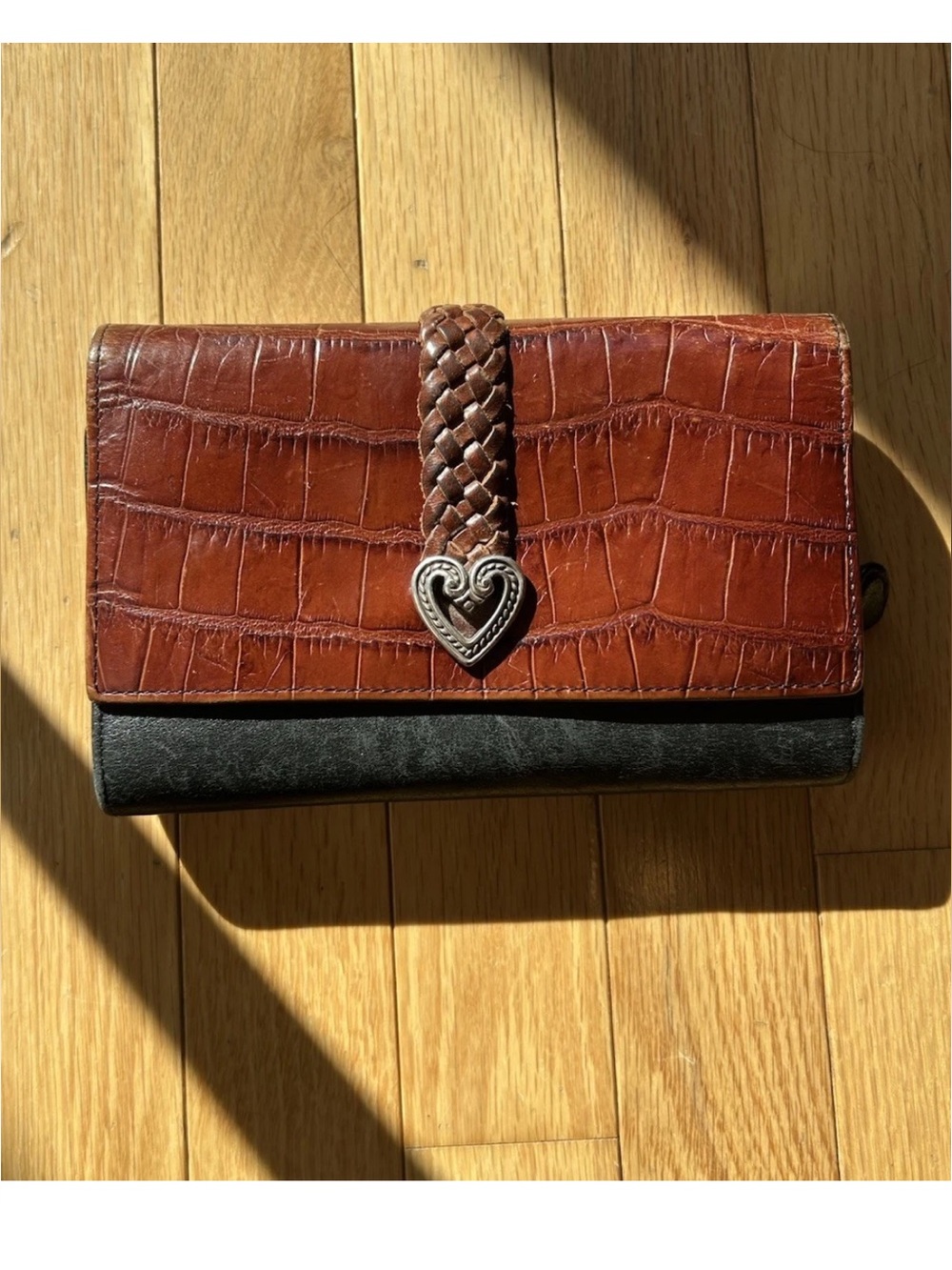 Brighton Vintage Leather Organizer Wallet Brown Croc Black Heart Concho Y2K